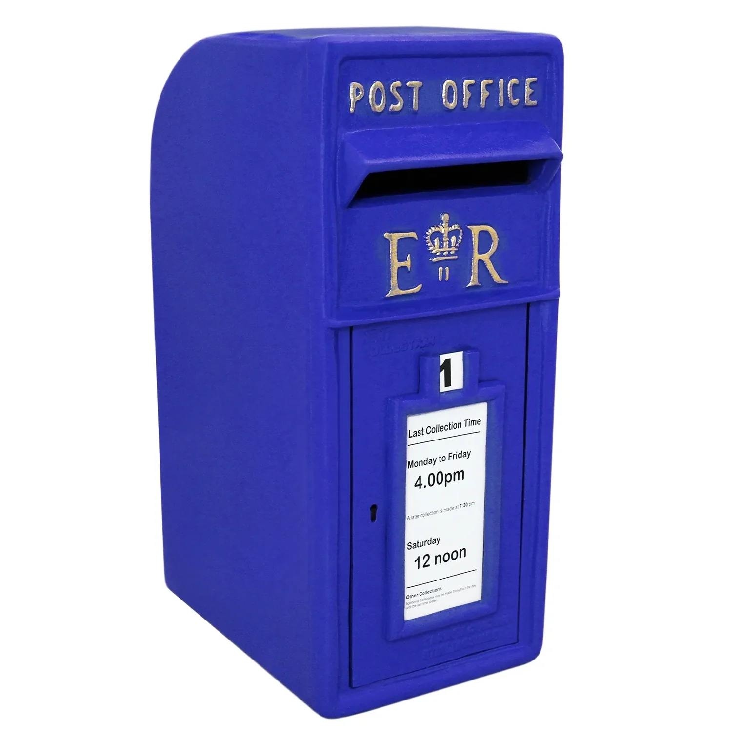 blue scottish post box hire with gold lettering